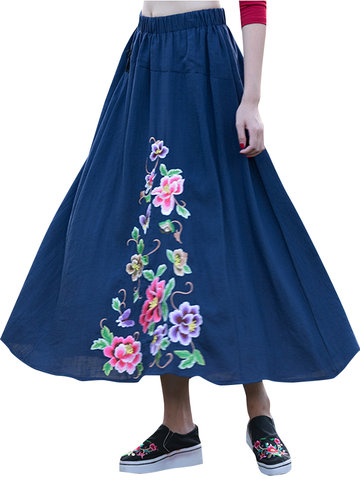 Chinese Style Embroidery Elastic Waist Skirts