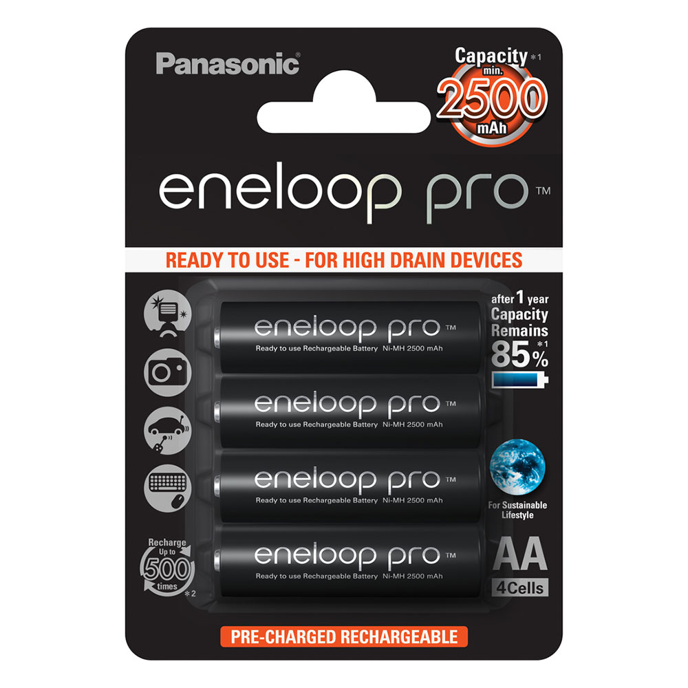 Panasonic Eneloop Pro AA HR06 NiMH 2500mAh Rechargeable Batteries Ready to Use - 4 Pack