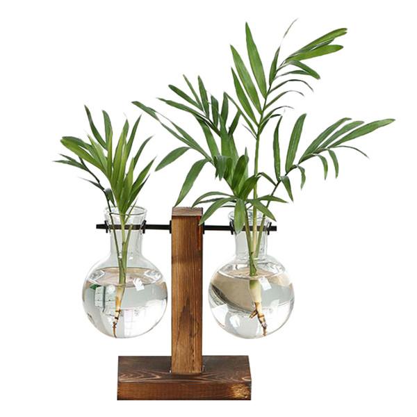 vintage style glass deskplant bonsai flower christmas decoration vase with wooden l / t shape tray home decor accessories