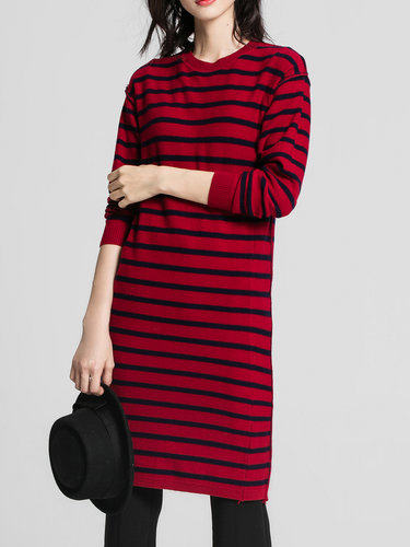 Stripes Long Sleeve Girly Knitted Sweater Dress