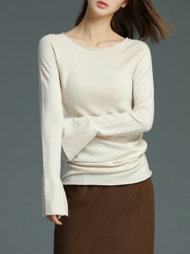 Apricot Bell Sleeve Knitted Crew Neck H-line Sweater