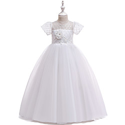 Kids Girls' Sweet Solid Colored Layered Lace Short Sleeve Midi Dress White