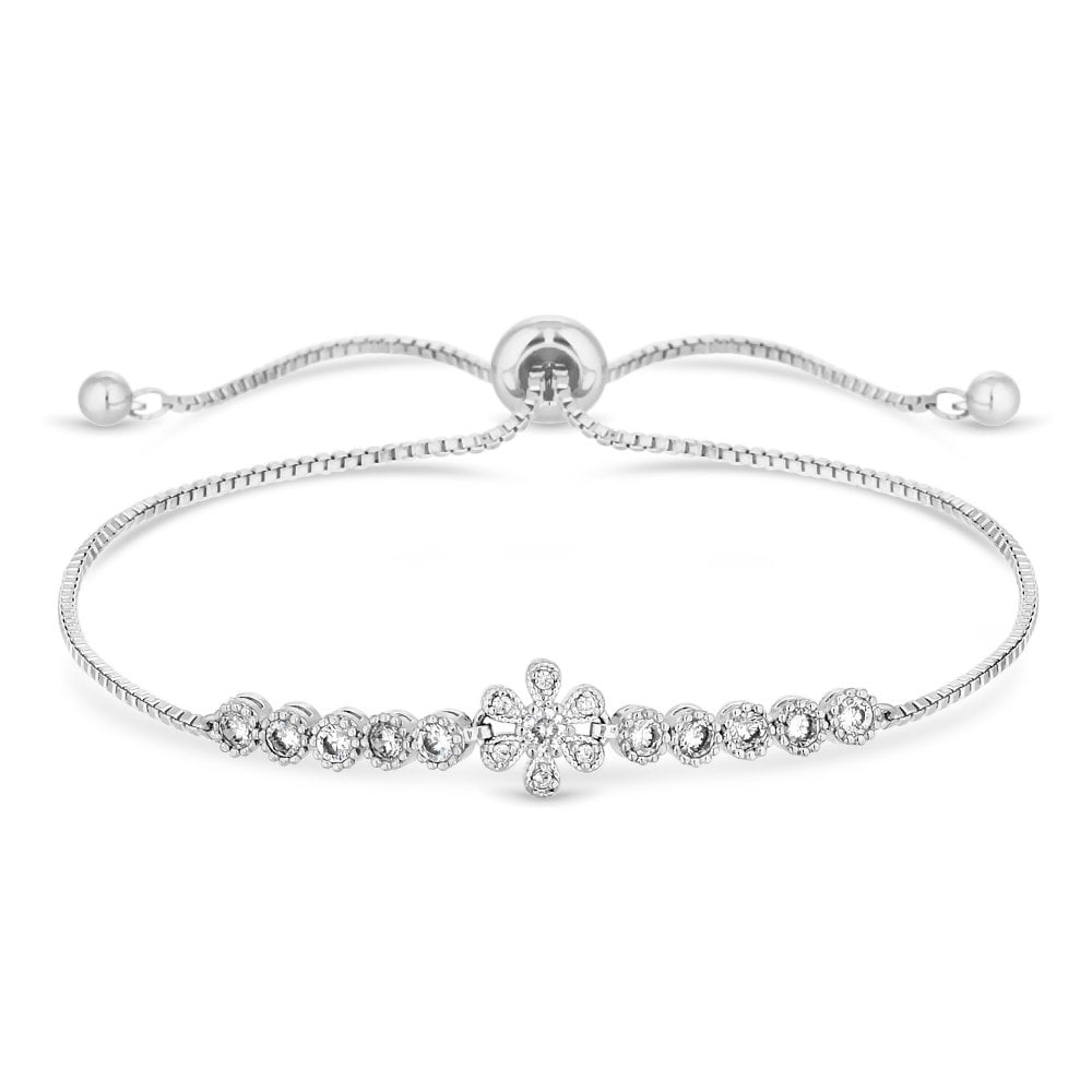 Silver Plated Clear Cubic Zirconia Flower Toggle Bracelet