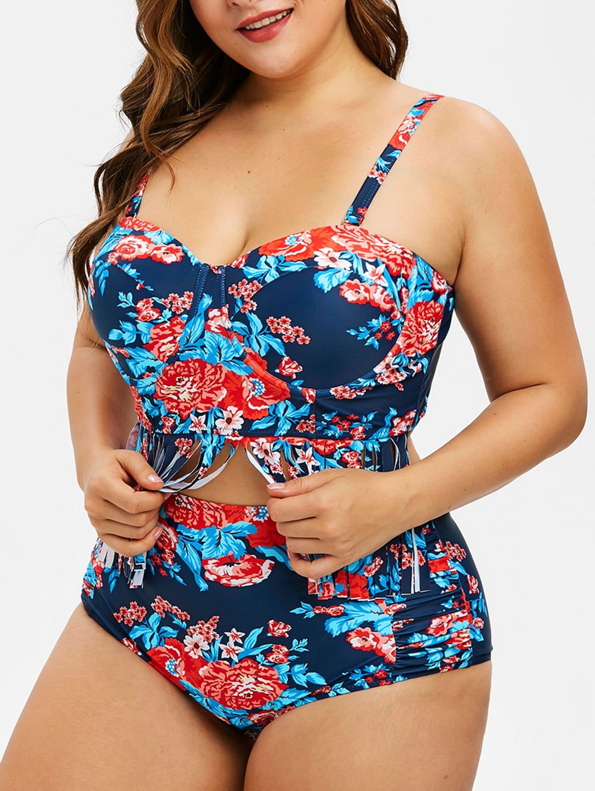 Plus Size Floral Print Fringed Underwire Bikini Set