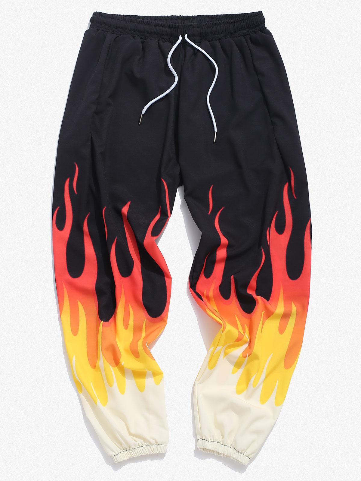Fire Flame Print Elastic Waist Pants Xl Yellow