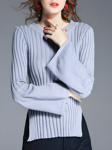 Long Sleeve Crew Neck Slit Knitted Casual Sweater