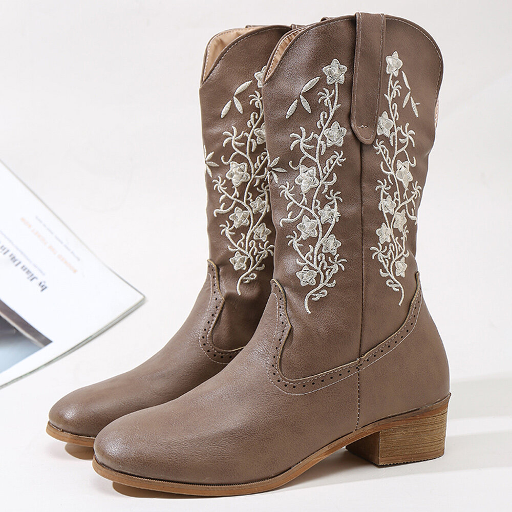 Retro Blumen Square Toe Slip On Mid-Calf Blockabsatz Cowboy Stiefel Für Damen