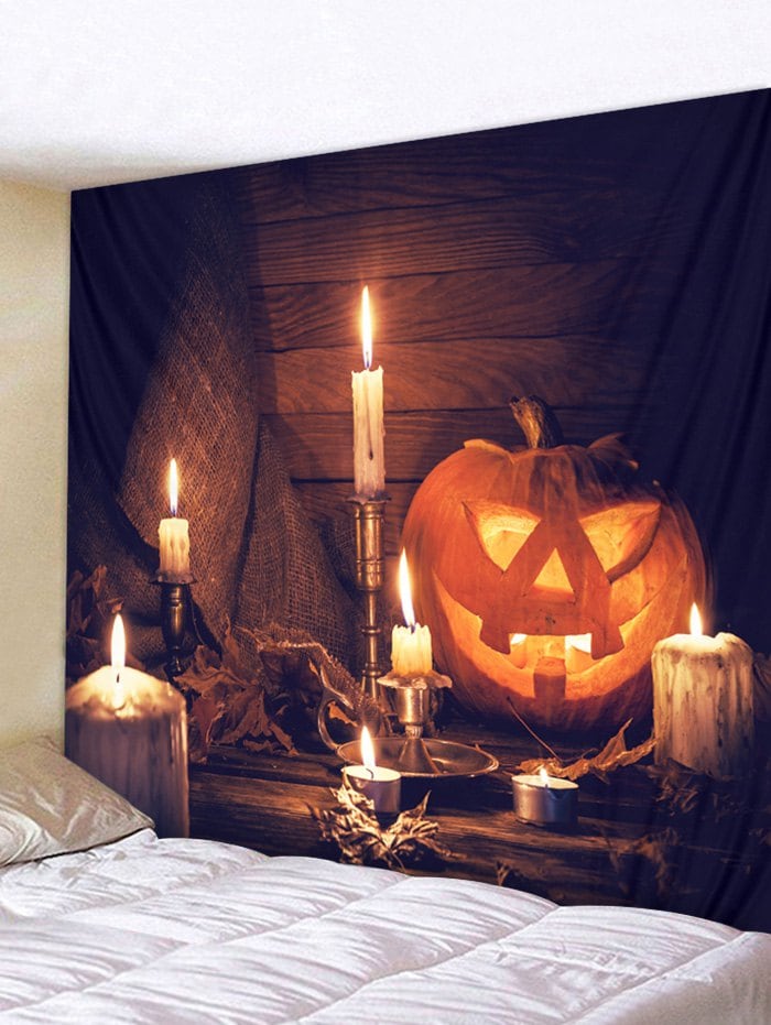 Halloween Pumpkin Lantern with Burning Candles Printed Tapestry