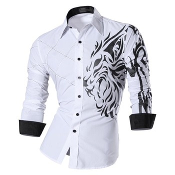 Jeansian Men's Fashion Dress Casual Shirts Button Down Long Sleeve Slim Fit Designer Tattoo Lion Z030 White2