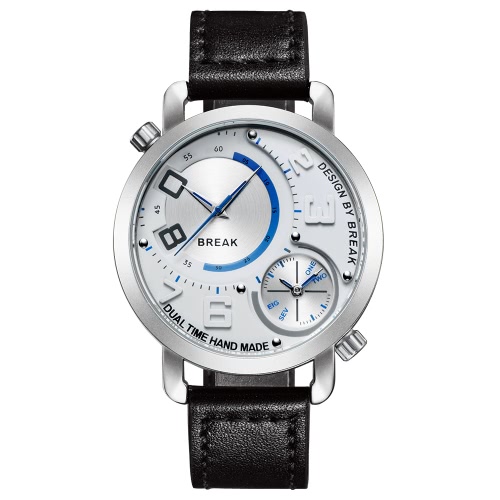 BREAK moda innovadora doble reloj de tiempo de cuarzo hombres relojes de lujo PU cuero 30 minutos de prueba de agua hombre reloj casual mejor regalo + caja