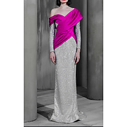 Sheath / Column Sparkle Elegant Prom Formal Evening Dress Off Shoulder Long Sleeve Sweep / Brush Train Satin Sequined with Splicing 2021 Lightinthebox