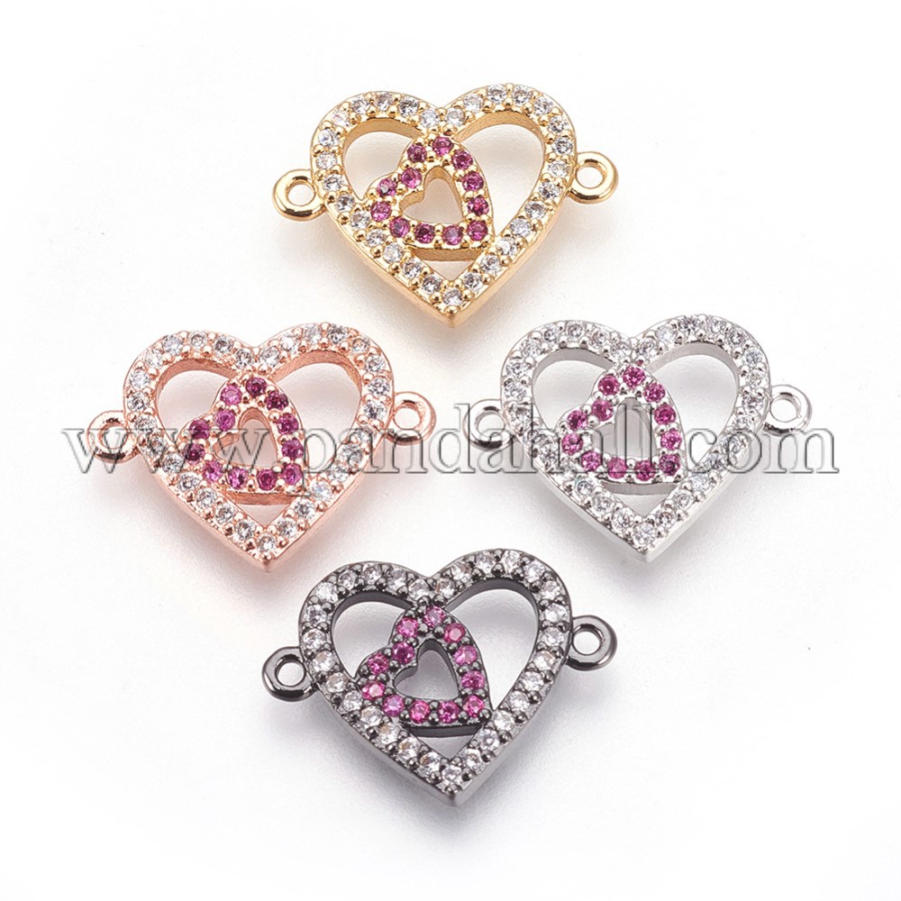Brass Micro Pave Cubic Zirconia Links, Heart, Magenta, Mixed Color, 17.5x12.5x2mm, Hole: 1mm