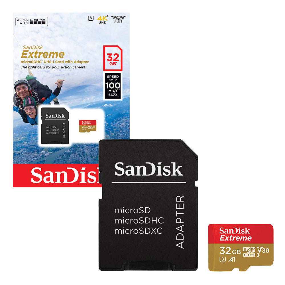 SanDisk Extreme Micro SDHC Micro SD Memory Card Class 10 UHS-1 U3 4K 100MB/s with Full Size SD Card Adapter - 32GB