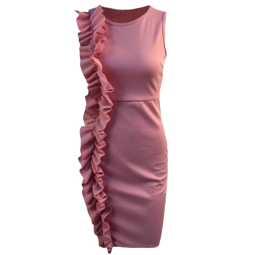 Women Pencil Dress Ruffle O-Neck Sleeveless Nightclub Party Bodycon Slim Midi Dress Pink