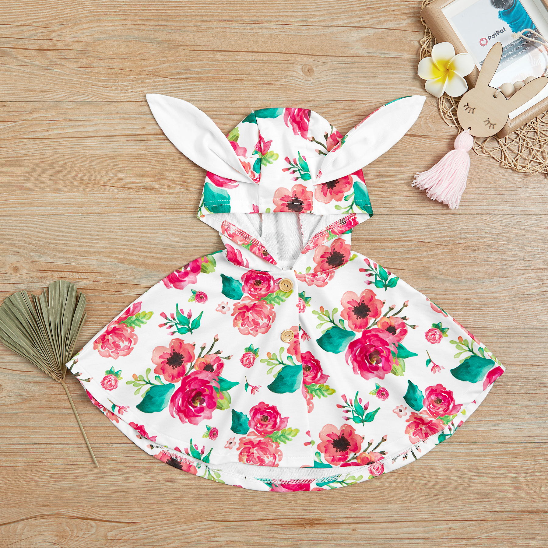 Rabbit Ear Design Floral Print Hooded Coat for Baby Girl