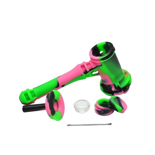 Silicone Environmental Smoke Tubing with Wax Oil Jar and Stainless Steel Spoon Edible Portable Tobacco Pipes Water Smoking Holder Weed Cigarette Accessory(pink+green)