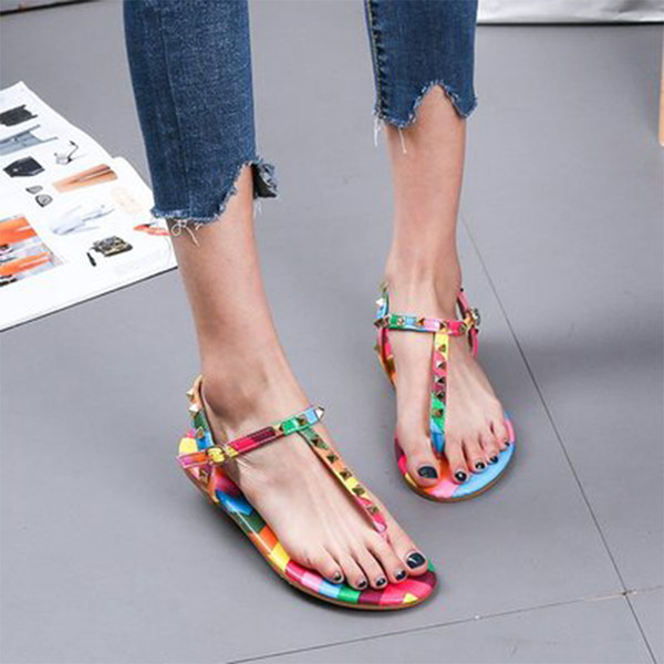 Women's Sandals Female Mix Rivets T-Strap Flip Flops Ladies Beach Casual Color Ankle Buckle Shoes Women's Footwear Plus Size