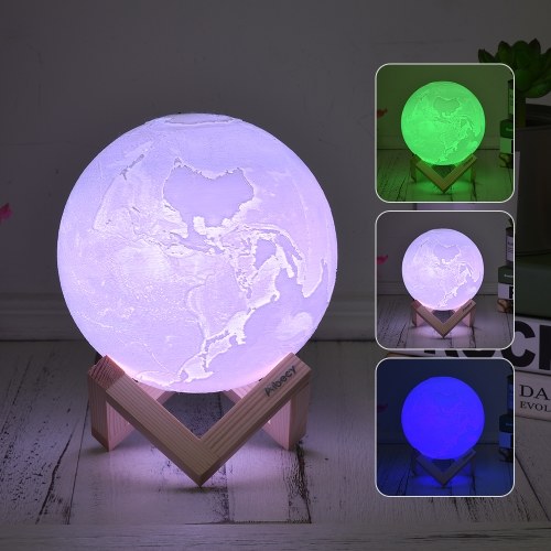 Aibecy 8cm / 3.1in 3D Earth Lamp Impreso LED Light 3 colores intercambiables (Blanco / Verde / Azul) Brillo ajustable Control táctil USB Recharge con soporte de madera Festival de regalos Oficina en el hogar Western Restaurant Decorativo Night Light