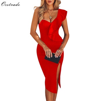 Ocstrade New Arrival 2019 Women One Shoulder Bandage Dress Elegant Ruffles Red Bandage Dress Bodycon Sexy Party Night Club Dress