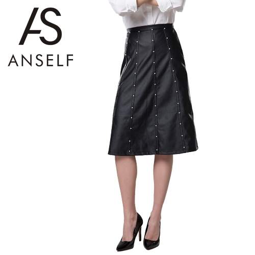Nueva moda mujer media falda PU cuero altura cintura rebordear cremallera decoración fijación Slim Fit negro