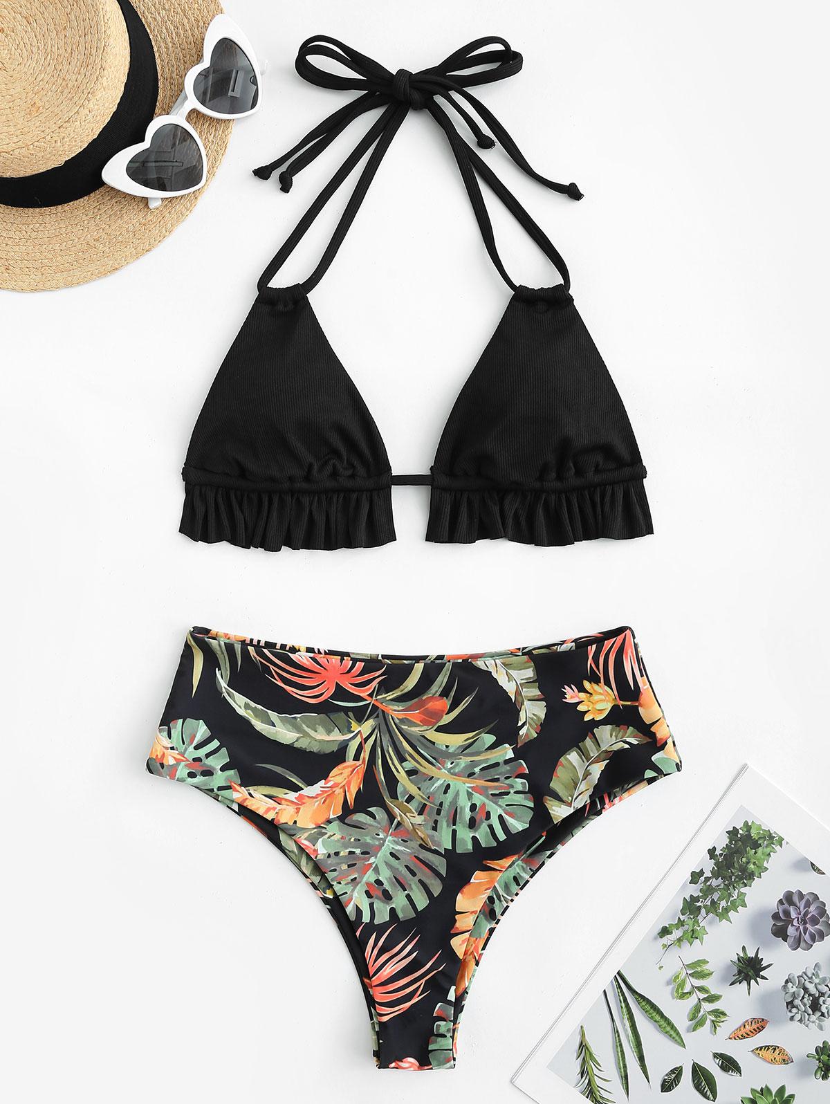ZAFUL High Waisted Ribbed Strappy Leaves Print Bikini Swimwear M Black