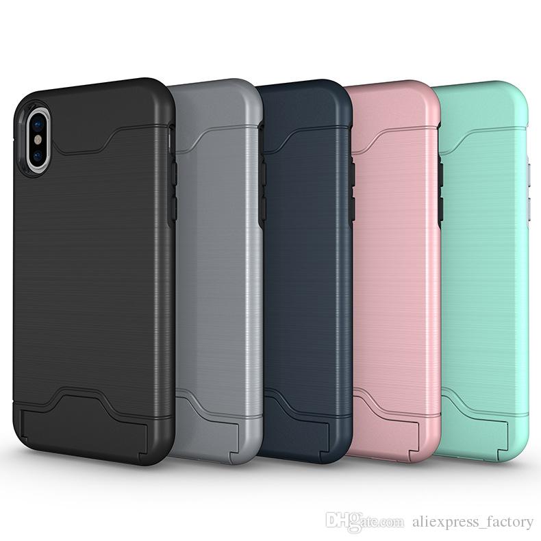 Card Slot Case Brush Pocket Hybrid Anti-shock Stand Armor Holder Kickstand Hard Cover For iPhone XS Max XR X 8 7 6 6S Plus Samsung Galaxy S9