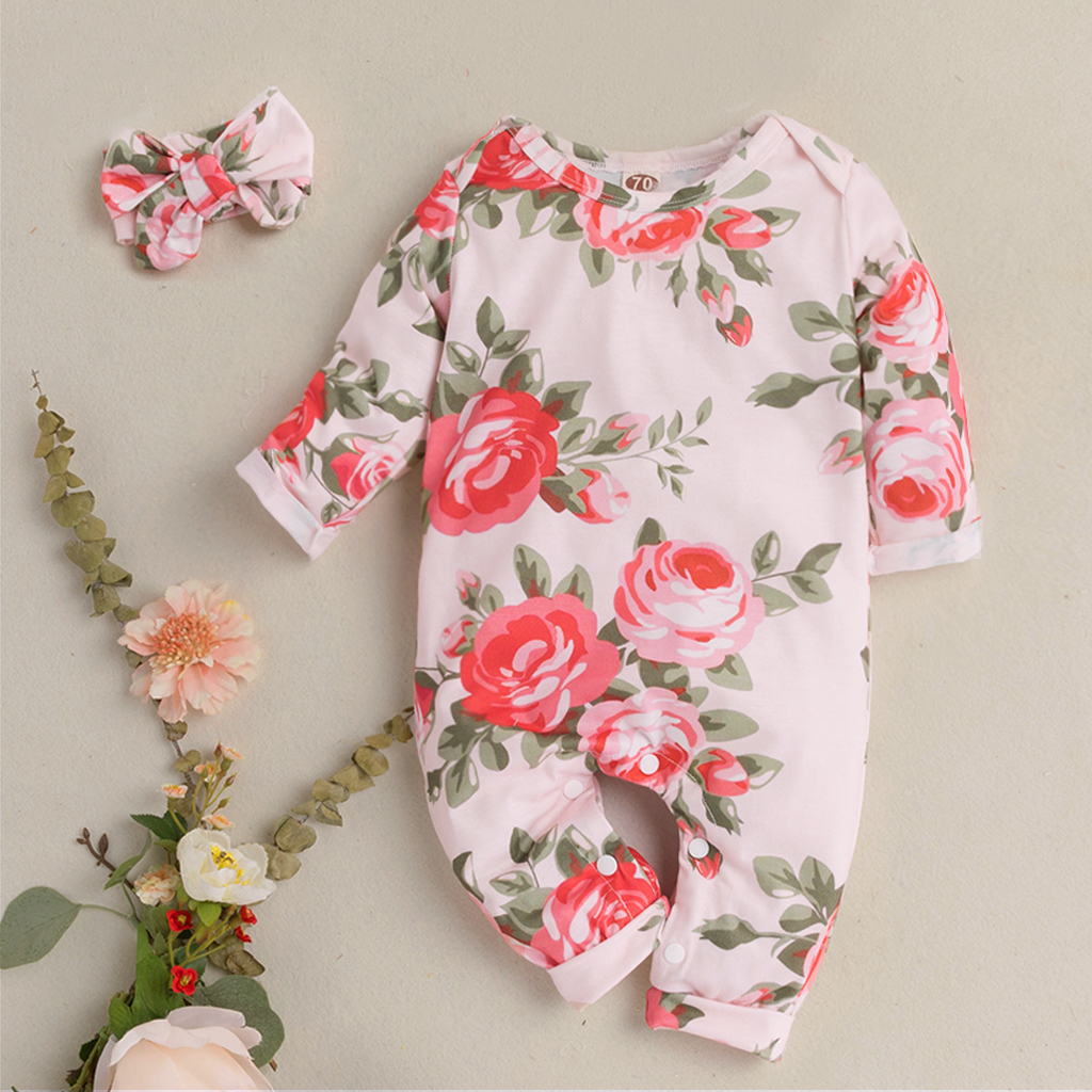 Baby Girl Floral Allover Long-sleeve Jumpsuit and Headband