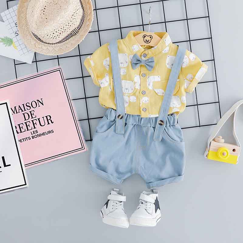Baby / Toddler Bow Decor Bear Print Tee and Suspender Shorts Set