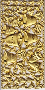 Wachsornament-Platte Glocken, 16 x 8 cm, gold mit Glimmer