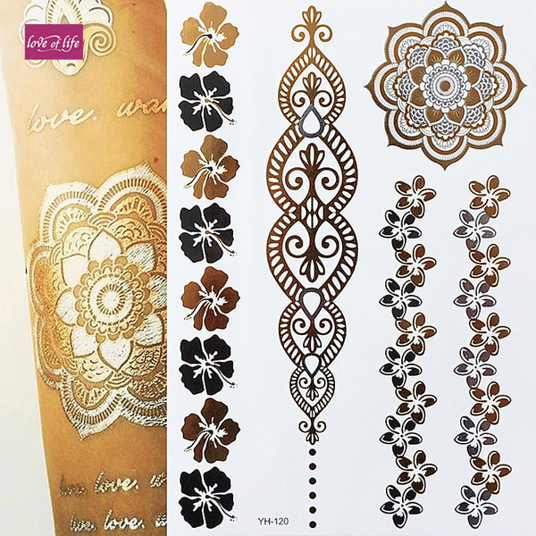 new arabic designs golden silver flash tribal henna tattoo metali temporary tattoos sticker on body hand 1pcs