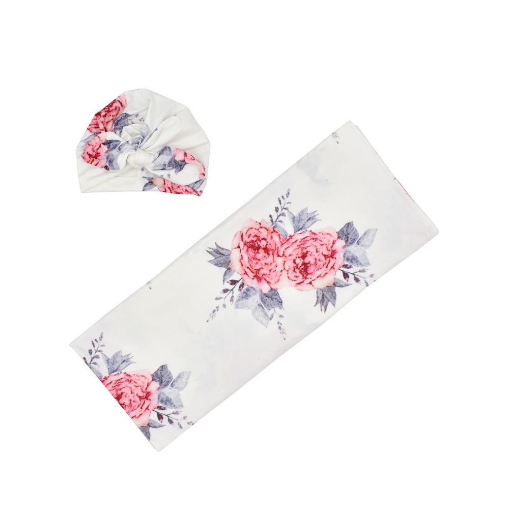 2-piece Full Floral Print Muslin Cotton Baby Wrap Blanket and Hairband Set