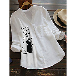 Women's Blouse Shirt Cat Long Sleeve Print V Neck Tops Cotton Basic Basic Top White Red Yellow