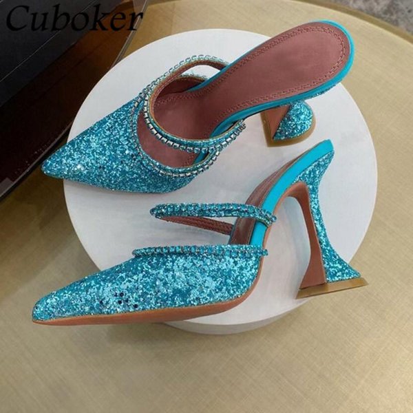 Sandals Brand Designer Cup Heel Women Pointed Toe Sequined Cloth Crystal Pumps Summer Ladies Party Dress Wedding Shoes For