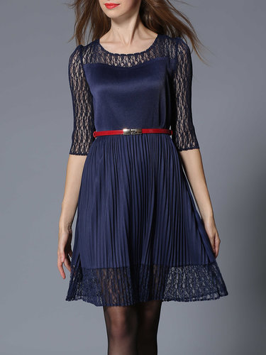 A-line Cocktail Solid Lace Paneled Midi Dress with Belt