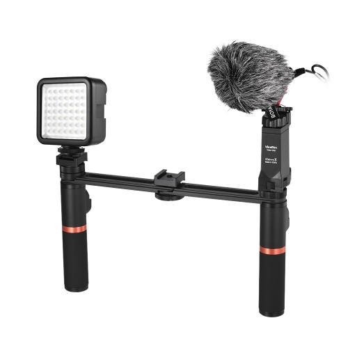 Smartphone Video Rig Dual Handheld Metal Grip with BT Remote Control + Mini Microphone + Dimmable LED Light for iPhone 6s plus for Samsung Galaxy S8+ S8 Note 3 Huawei