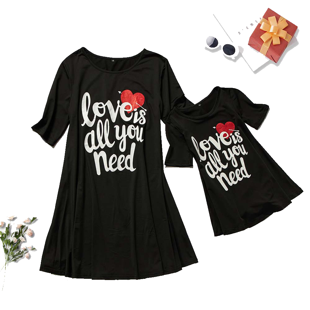 Mommy and Me Letter Printed Midi-sleeve Dresses
