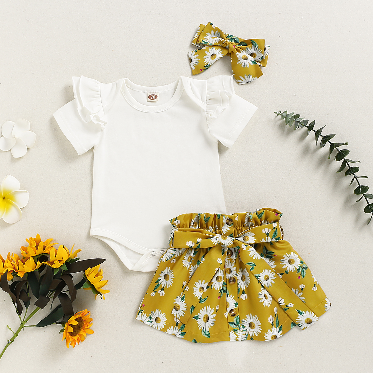 3-piece Baby Solid Ruffled Romper and Sunflower Allover Shorts with Headband Set