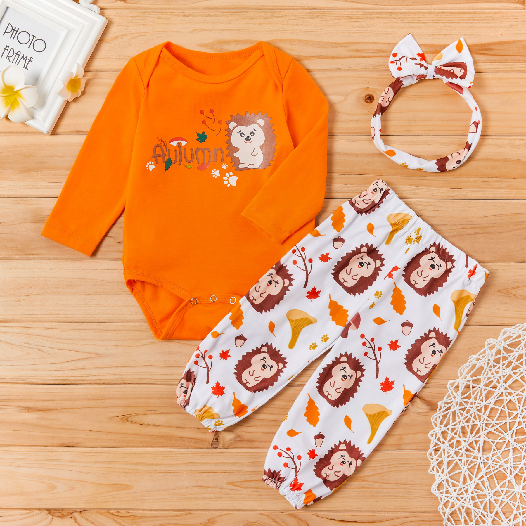 3-piece Baby Autumn Hedgehog Allover Bodysuit and Pants with Headband Set