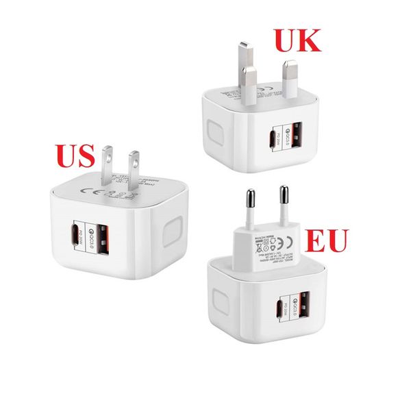 USB wall charger US UK EU plug adapter travel 20W black/white power PD quick charge USB Type-c For Universal Smartphone Android Phone Samsung S7 S8