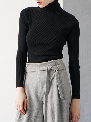 Black Long Sleeve Plain Knitted Turtleneck Wool blend Sweater