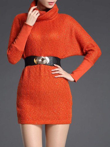 Sheath Casual Solid Turtleneck Sweater with Belt