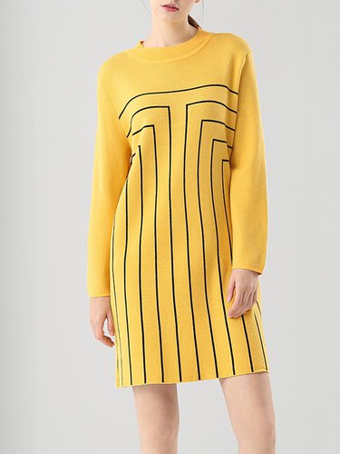 Yellow Long Sleeve H-line Geometric Crew Neck Mini Dress
