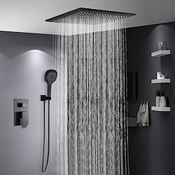 16 Inch Matte Black Shower Faucets Set, Rainfall Concealed Shower System Solid Brass with 3-Function Handheld, Handshower Ceiling Mounted Combo Set Shower Faucet with Valve Body and Trim Lightinthebox