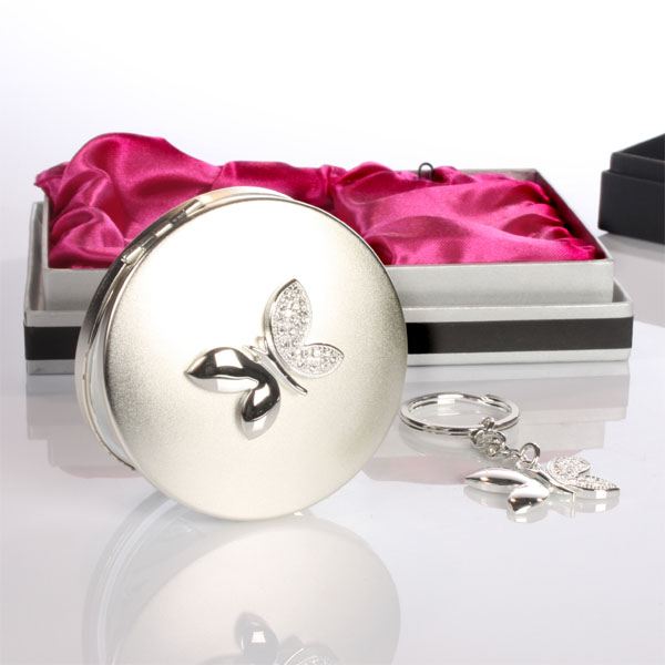 Engraved Butterfly Compact Mirror & Keyring