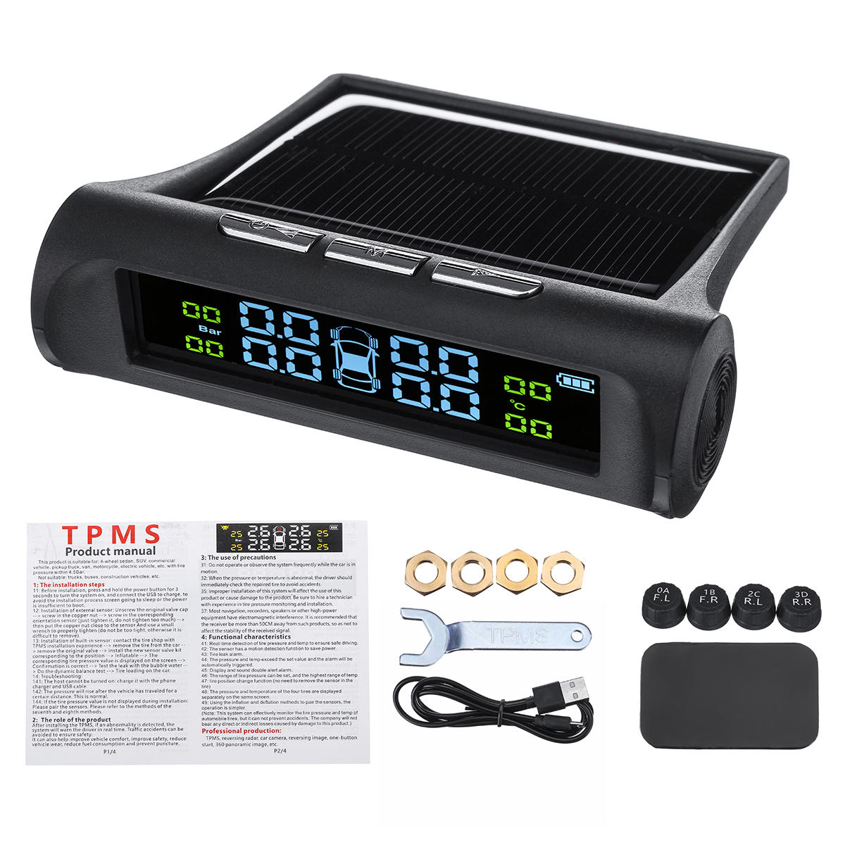 Wireless Solar TPMS Car Tire Pressure Monitor System + 4 External Sensors 0-5 Bar
