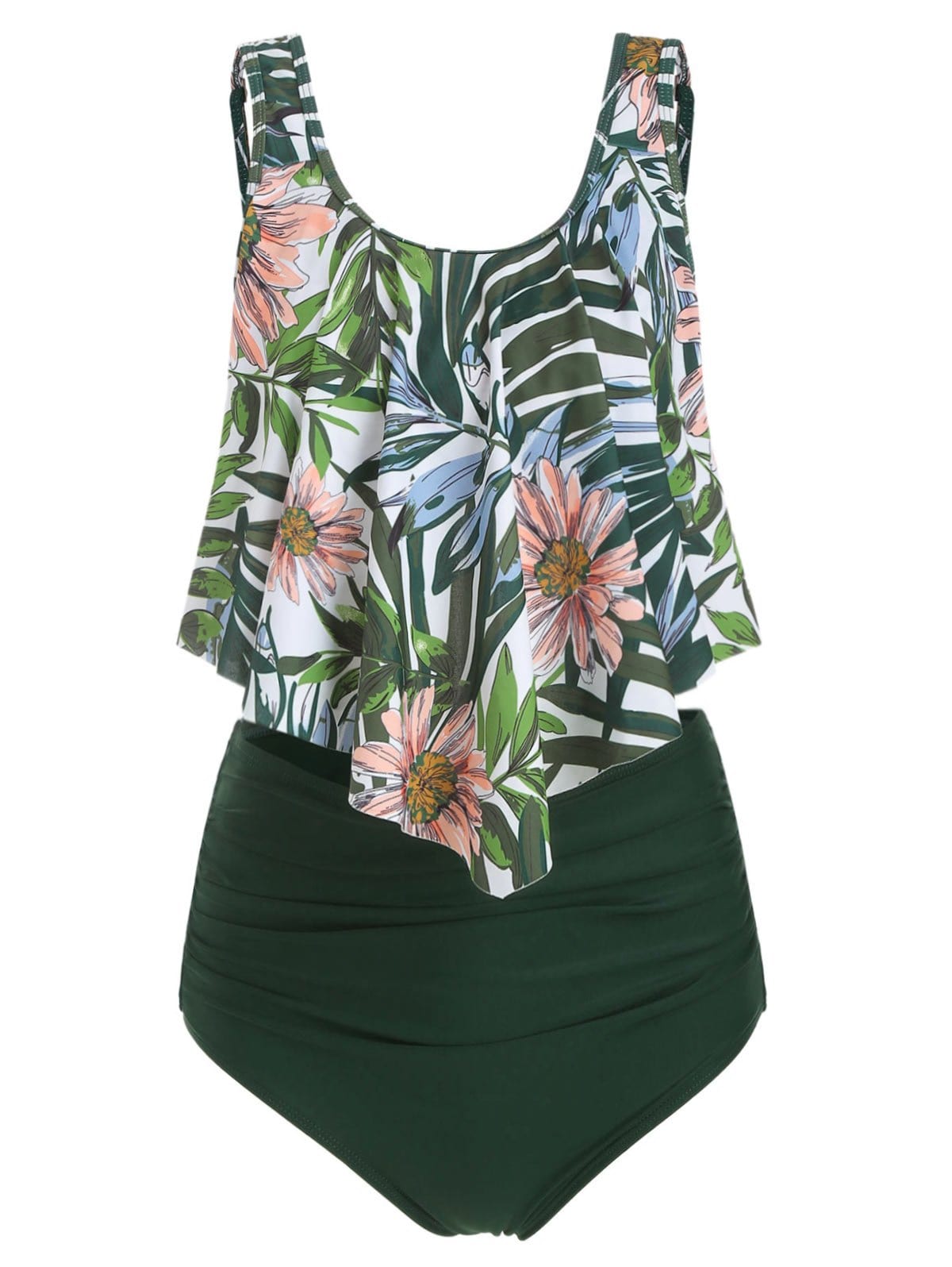 Floral Leaf Ruched Flounce Tankini Set
