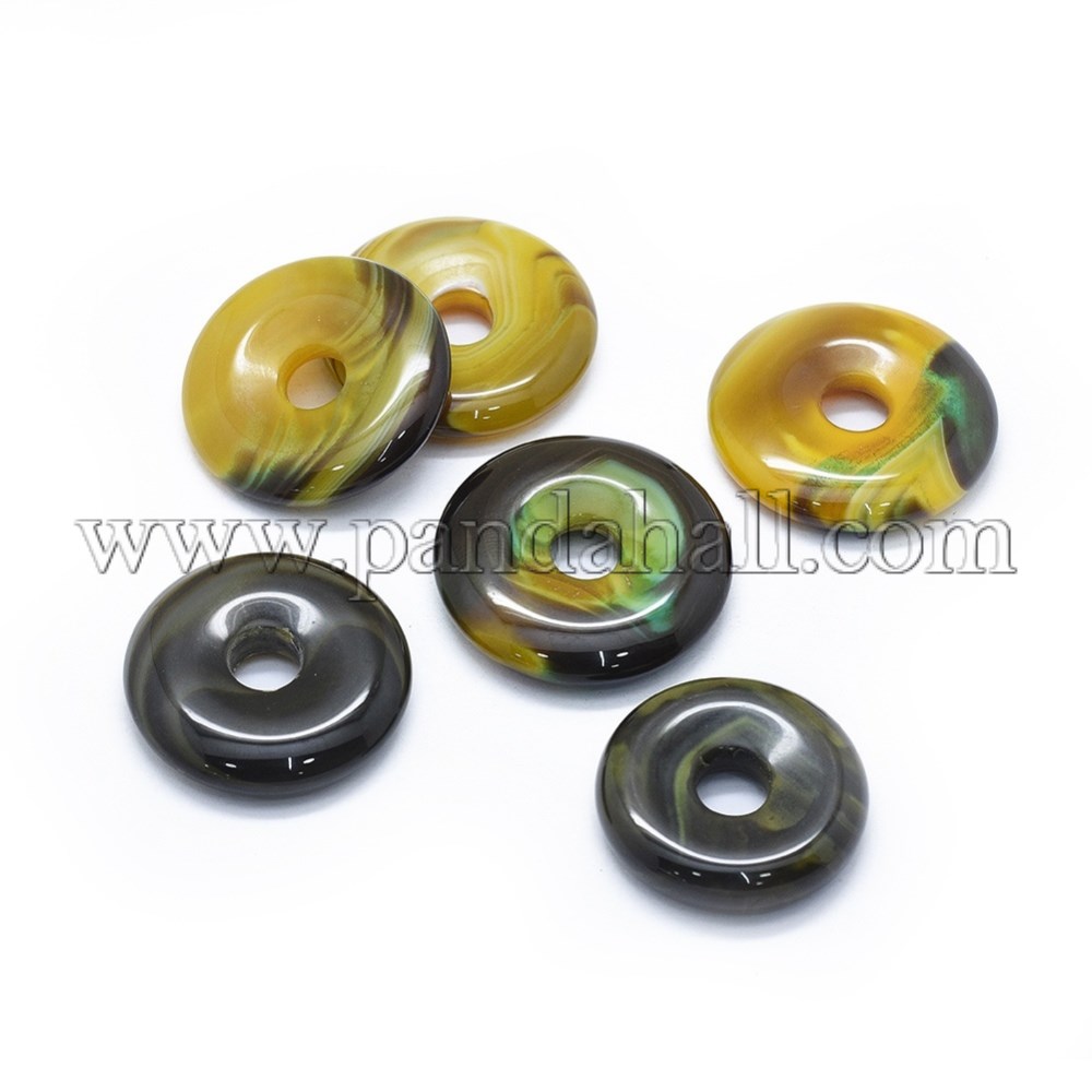 Natural Agate Pendants, Dyed & Heated, Donut/Pi Disc, Olive, 35~39.5x7.5~8mm, Hole: 8~10mm
