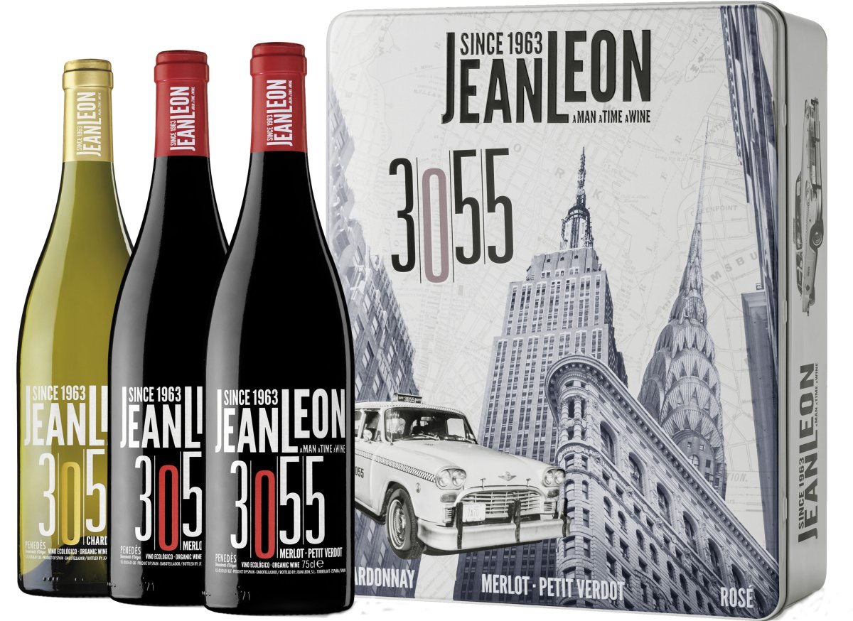 Estuche lata Jean Leon 3055 - 3 Botellas (2 Jean Leon 3055 Merlot-Petit Verdot & 1 Jean Leon 3055 Chardonnay)