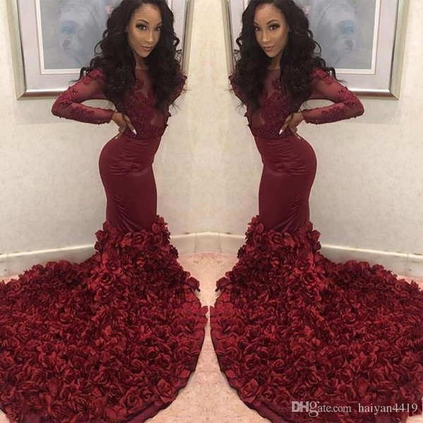 2019 Sexy Burgundy Mermaid Prom Dresses Sheer Neck Long Sleeves Lace Appliques Beaded Rose Flowers Evening Dress Party Pageant Formal Gowns
