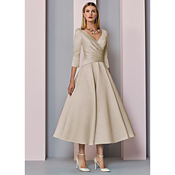 A-ligne mère de la mariée robe élégante vintage grande taille col en v thé longueur satin manches 3/4 avec plis 2020 mère des robes de marié